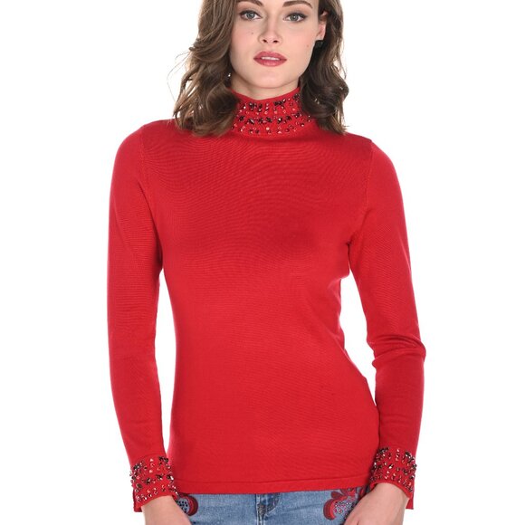 244641U Red Turtleneck With Beading on Neck and Sleeves by FRANK LYMAN - Picture 1 of 2